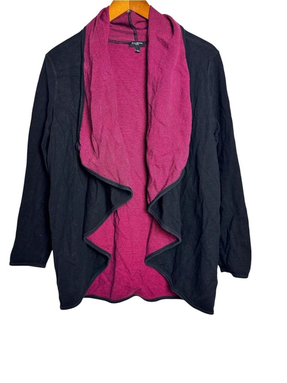 Talbots Black Open-Front Cardigan Size Medium Petite Magenta Interior